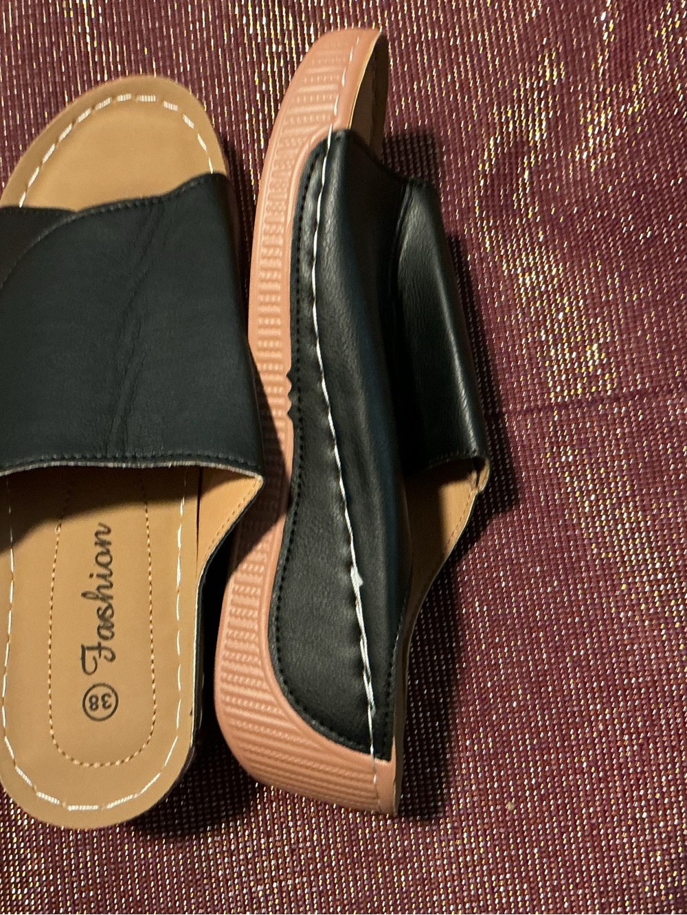 Black Slide Sandals with Tan Sole -